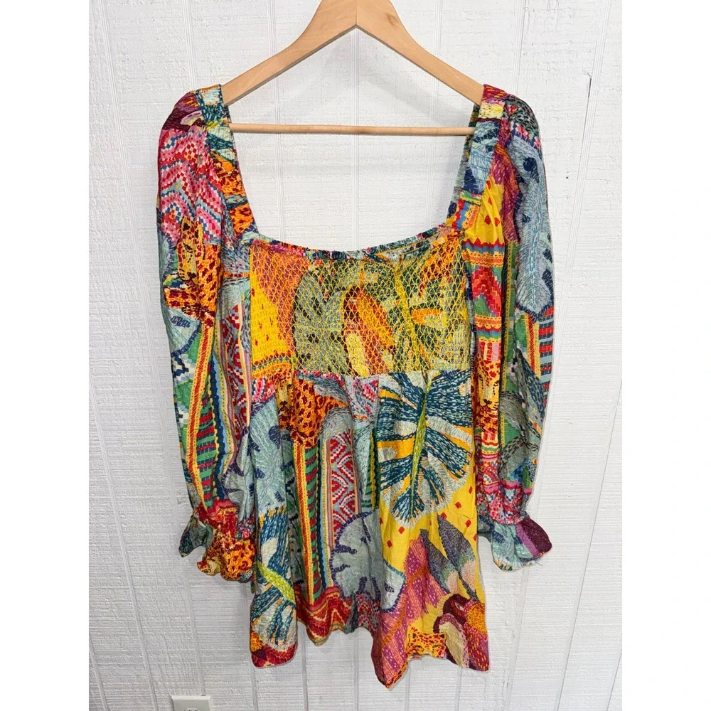 Farm Rio Smocked Blouse Women Multicolor Tropical Patchwork Metallic Medium